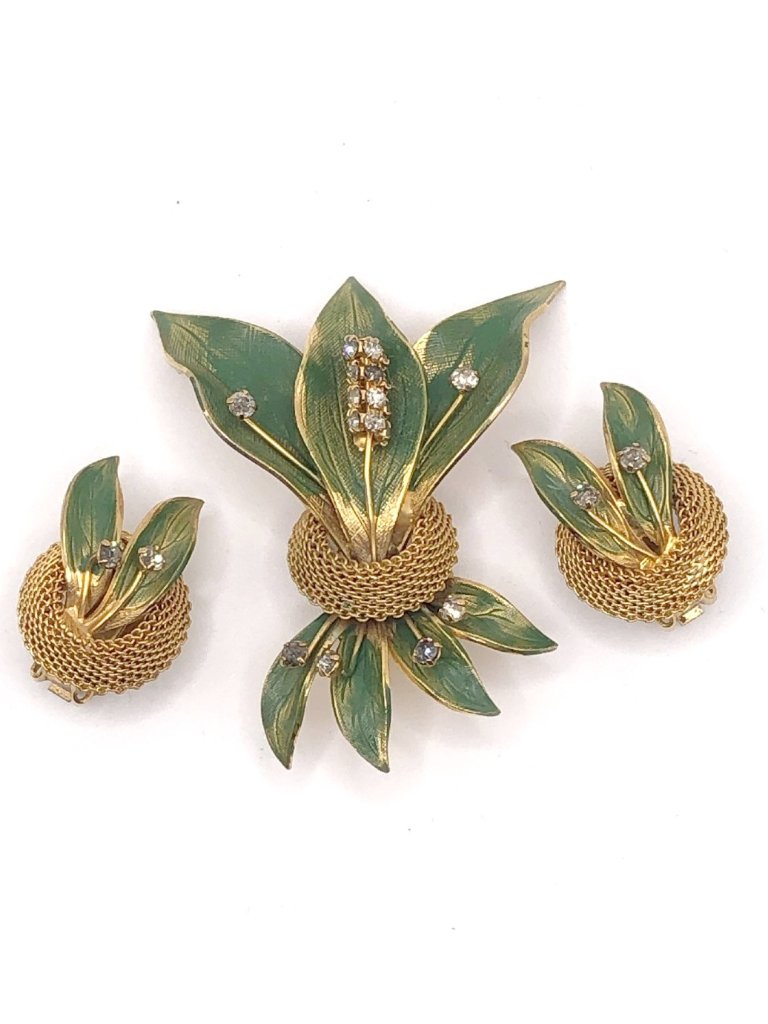 Vintage 1965 Hobe Green Leaves Gold Tone Mesh Crystal Brooch Earring Set 129$